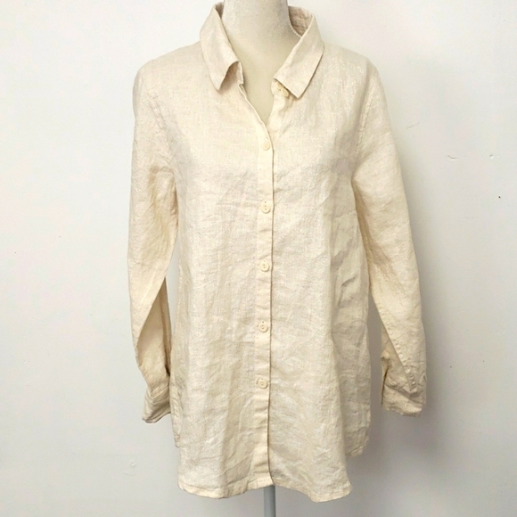 Flax Linen Tunic Length Shirt Natural & Silver Metallic Thread Oversize S NWT - Picture 4 of 12